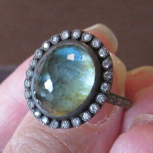 Armenta NWT Labradorite & Diamond Halo "Emily" Ring Size 6.5 Blackened Sterling